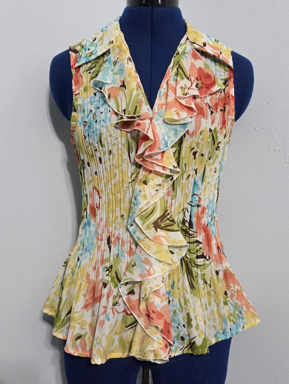 Vintage Y2K Floral Chiffon Pleated Tank Top Size L